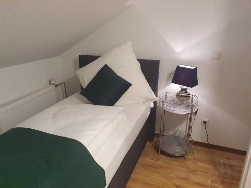 um quarto com uma cama com um candeeiro ao lado em Waterfalls Apartment em Triberg