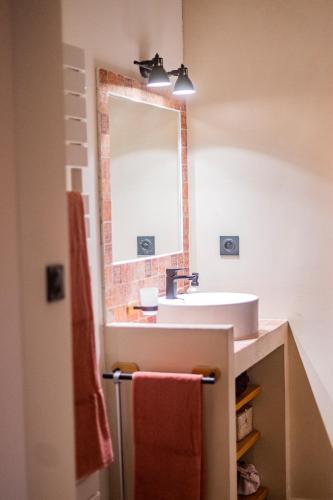 une salle de bain avec un lavabo et un miroir dans l'établissement Gîte du mas du Belbuis, à Rochegude