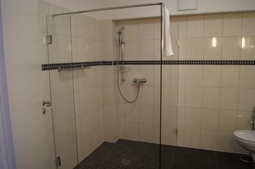 a bathroom with a shower with a sink and a toilet at Hotel Pension Bellevue in Bad Doberan