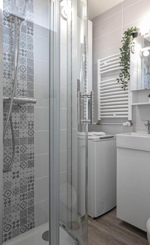 une salle de bain avec douche et lavabo dans l'établissement Woody 100m du lac balcon, à Annecy