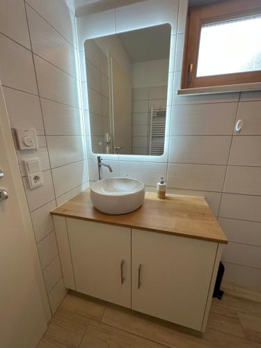 een badkamer met een wastafel en een spiegel bij Chalet Falkenstein in Steyrling