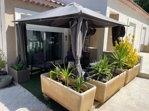 a patio with a black umbrella and some plants at studio au calme pres des plages in Six-Fours-les-Plages