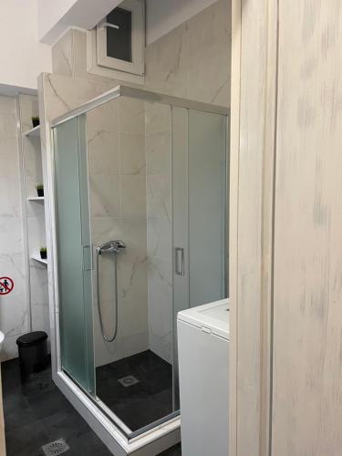 a shower with a glass door in a bathroom at Nemesis in Litochoro