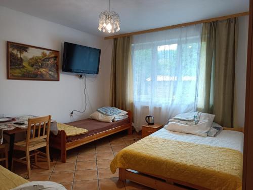 a room with two beds and a tv on the wall at Jasionka in Ustrzyki Dolne