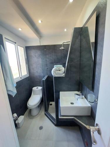 a bathroom with a sink and a toilet and a mirror at Yaque Suite in El Yaque