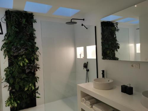 a bathroom with a green wall with a sink and a mirror at Villa Tagoror in Tiagua