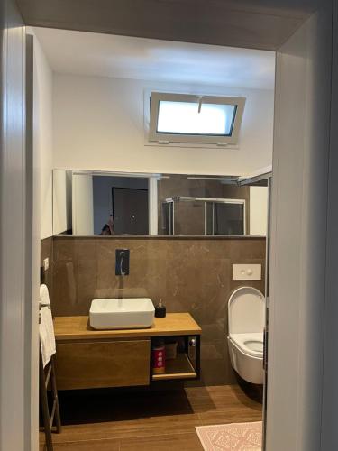 a bathroom with a sink and a toilet at PINE HOUSE 2023 in Vlorë