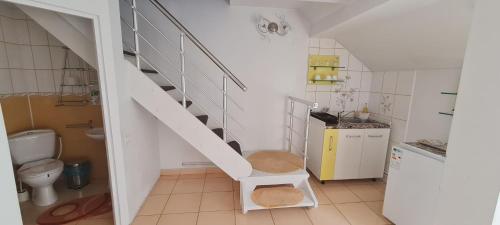 a bathroom with a staircase and a toilet at Vila Roxy Poiana Brasov in Poiana Brasov