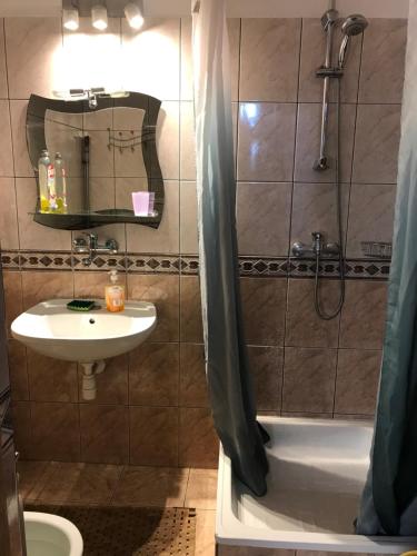 a bathroom with a shower and a sink and a tub at Camping Zakopane Willa Skoczek oferta nie dotyczy noclegu w pokoju in Zakopane