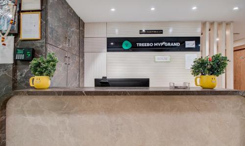 維沙卡帕特南的住宿－Treebo Trend MVP Grand，两个黄色花瓶坐在大堂的柜台上