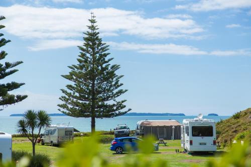 a blue car parked next to a tree in a field at Tasman Holiday Parks - Papamoa Beach in Papamoa