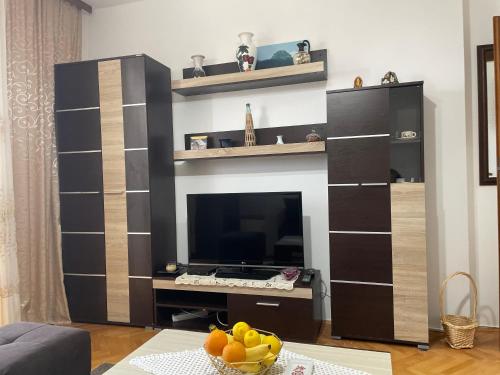 sala de estar con chimenea y TV en Apartment Bacio en Petrovac na Moru
