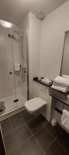a bathroom with a shower and a toilet and a sink at Stadthotel am Bühnenhaus in Kevelaer