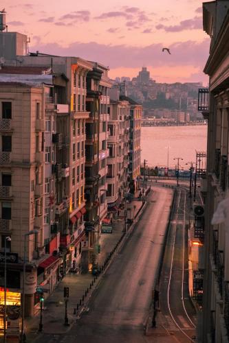 a city street with buildings and a bird flying over the water at Felicity Hotel İstanbul in Istanbul