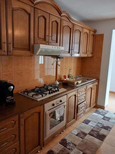 a kitchen with wooden cabinets and a stove top oven at Casa Roman in Statiunea Borsa