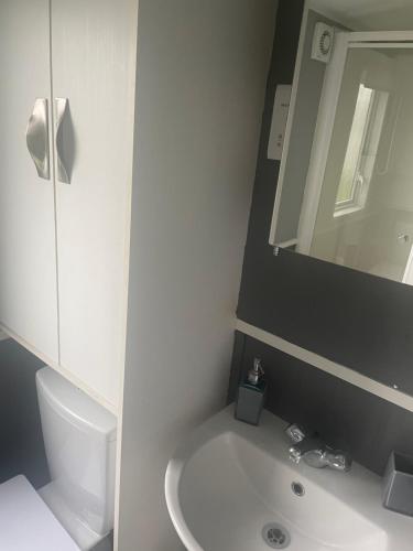a bathroom with a sink and a toilet and a mirror at Lake District Modern Static Caravan in Maryport
