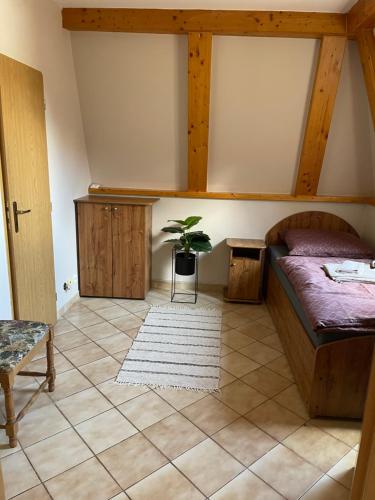 1 dormitorio con 1 cama y una maceta en Penzión Alberto, en Prievidza