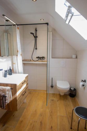 a bathroom with a sink and a toilet in a attic at Ferienwohnung Alexander in Traben-Trarbach