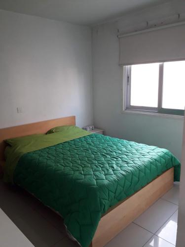 a bedroom with a green bed with a window at A MODERN APARTMENT FOR YOU in Nicosia