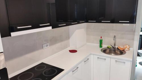 a small kitchen with black cabinets and a sink at Sky view luxury Center Skopje apartments in Skopje