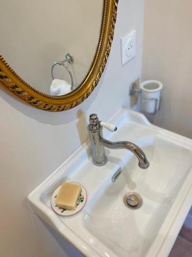 a bathroom sink with a soap dispenser and a mirror at Entre les branches in Saint-Règle