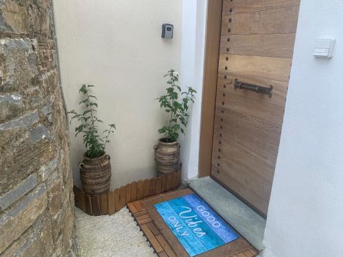 a welcome mat in front of a door with two plants at Pelion 7 Lives in Tsagarada