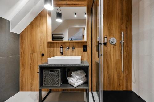 a bathroom with a sink and a shower at Tatra Nest Apartamenty in Biały Dunajec