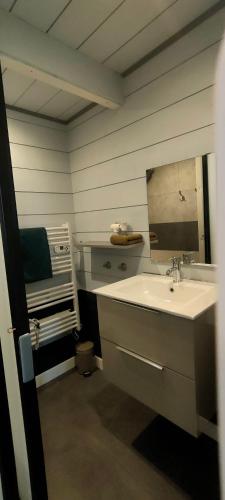 a bathroom with a sink and a mirror at Aux Passagers de la Baie in Le Crotoy