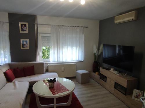 - un salon avec un canapé, une table et une télévision dans l'établissement Kuća za odmor KOD MARE, à Vukovar