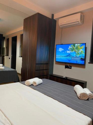 a bedroom with two beds and a flat screen tv at Hotel Villa Niko Mari in Tbilisi City