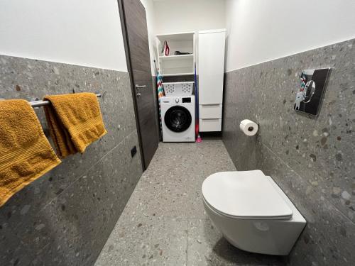 een badkamer met een toilet en een wasmachine bij Panorama 13 in Tolmin