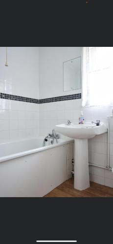 uma casa de banho com um lavatório e uma banheira e um lavatório branco em Butterfly Chalets Norfolk em Scratby