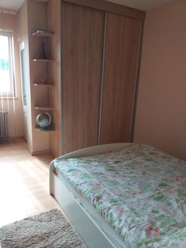 Gołkowice DolneにあるDomek pod Przehybą - Pokojeのベッドルーム1室(ベッド1台付)、木製キャビネットが備わります。