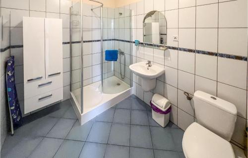 een badkamer met een wastafel, een toilet en een douche bij Amazing Apartment In Uniescie With Lake View in Unieście