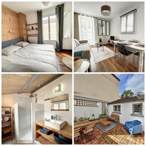 un collage de photos d'une chambre et d'un salon dans l'établissement The Patio By Disney, 3 chambres, 2 salles de bain, à Lagny-sur-Marne