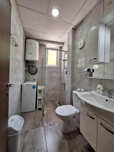 a white bathroom with a sink and a toilet at Apartments Lakeside Elesec in Ohrid