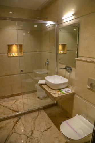 a bathroom with a sink and a toilet and a shower at Four Leaf Hotel, Kasganj in Kāsganj
