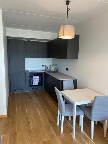 a kitchen with a table and two chairs and a table and a kitchen at Uus Mai tänava korter in Pärnu