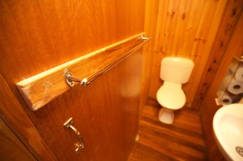 a bathroom with a wooden door and a toilet at Brisbane Manor in Brisbane