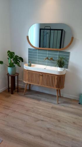 une salle de bain avec un lavabo et un miroir dans l'établissement A 2 pas du marché, à Saint-Jean-dʼAngély