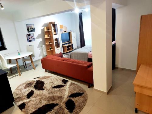 een woonkamer met een rode bank en een bed bij Studioul de Vis in Braşov