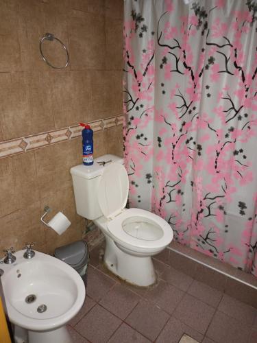 a bathroom with a toilet and a sink and a shower curtain at Lasemes in Laferrere