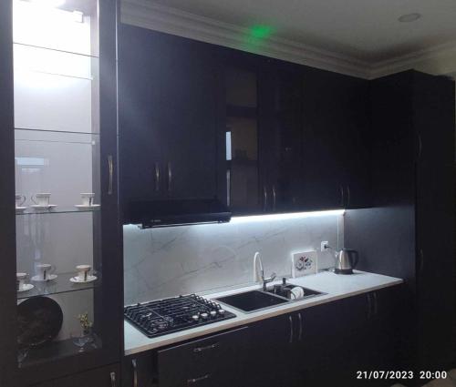 a black kitchen with a sink and a stove at Green house - Apartment 1g - 17 in Rustavi