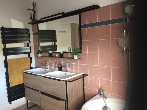 a bathroom with a sink and a mirror at A La Rochelle proche Vélodyssée in La Rochelle