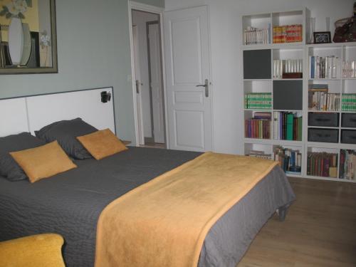 a bedroom with a bed and a book shelf with books at A La Rochelle proche Vélodyssée in La Rochelle