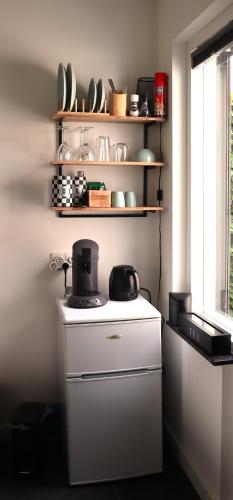 a kitchen with a stove and a shelf with dishes at B & B De Rode Beuk in Hilvarenbeek
