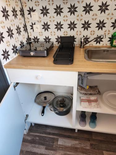 une cuisine avec un évier et un plan de travail dans l'établissement Chambre privée, à Chenac-sur-Gironde