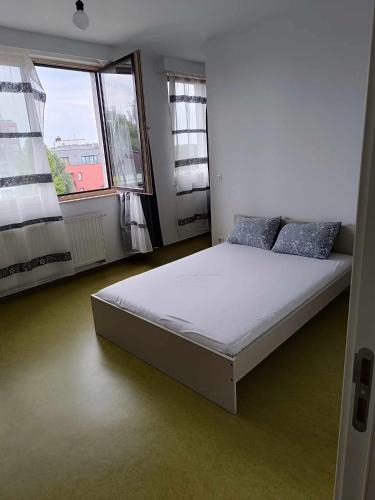 una camera con un letto in una stanza con due finestre di Chambre avec douche privé a Bruxelles