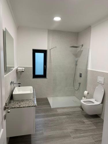 a bathroom with a shower and a toilet and a sink at M&S Apartament 3 in Baile Felix