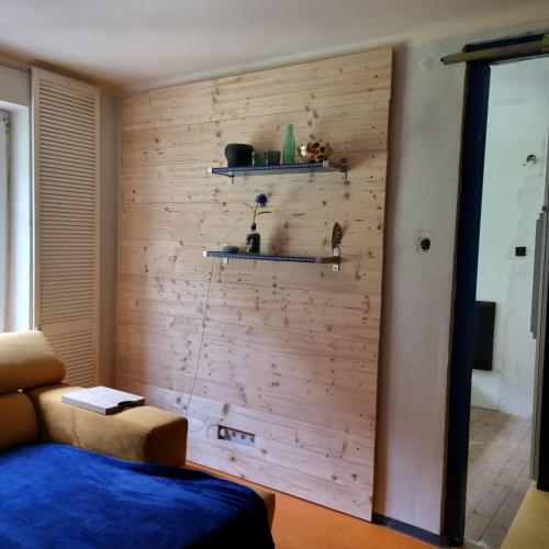 Zimmer mit einer Holzwand mit Regalen und einem Sofa in der Unterkunft Appartement free WiFi in Breitenau am Hochlantsch